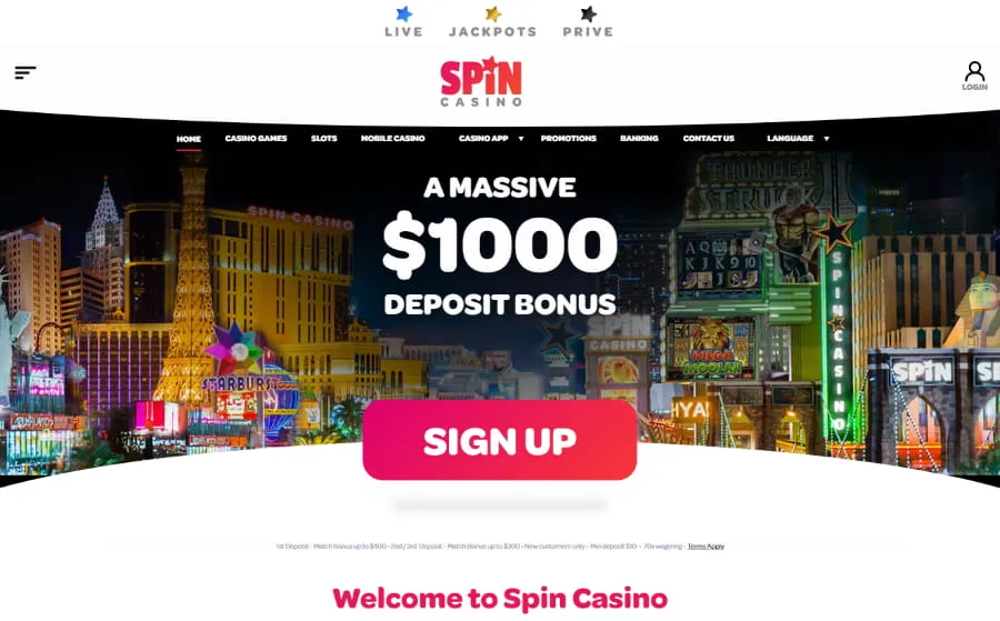 Spin Casino main page